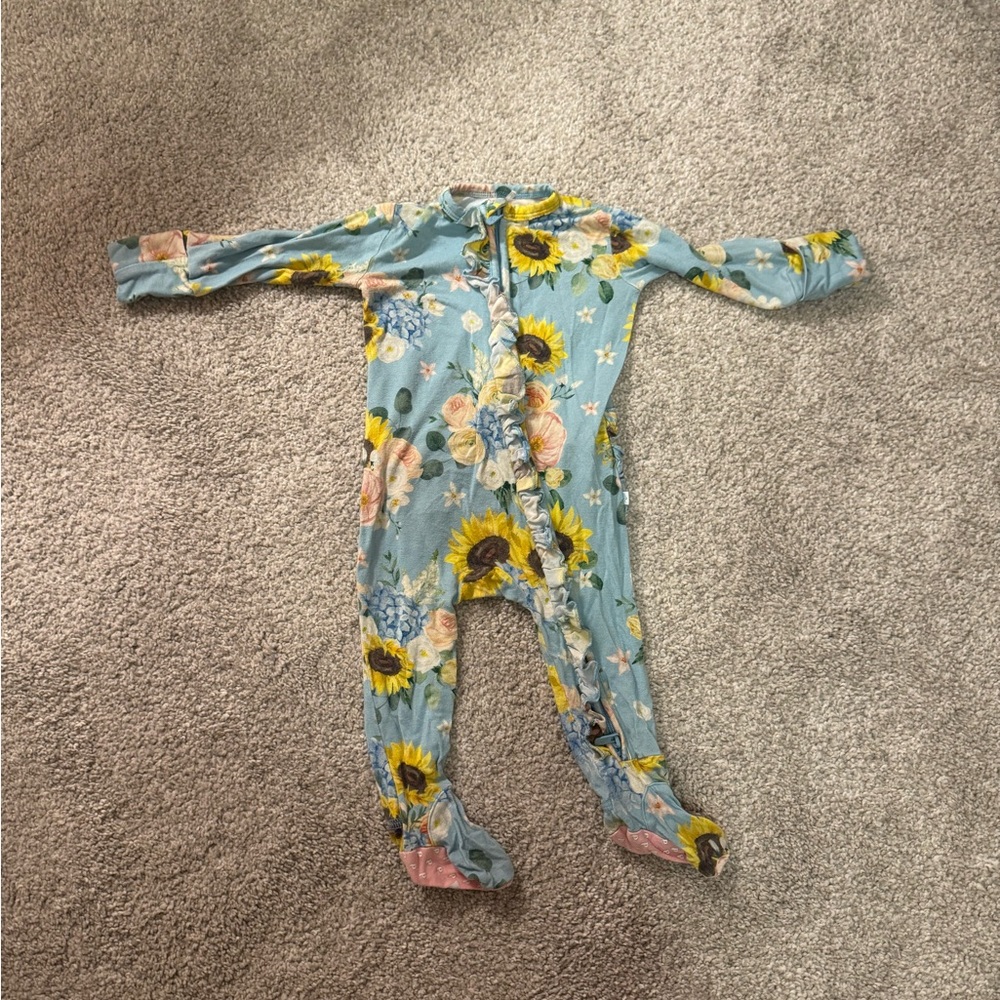 Blue Floral Posh Peanut Ruffle Footed One-Piece